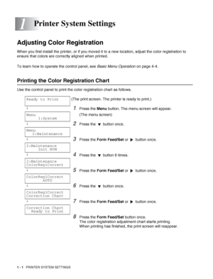 Page 241 - 1   PRINTER SYSTEM SETTINGS
1
Adjusting Color Registration
When you first install the printer, or if you moved it to a new location, adjust the color registration to 
ensure that colors are correctly aligned when printed.
To learn how to operate the control panel, see Basic Menu Operation on page 4-4.
Printing the Color Registration Chart
Use the control panel to print the color registration chart as follows.
Printer System Settings
Ready to Print(The print screen. The printer is ready to print.)...