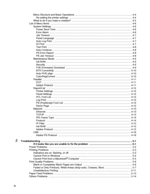 Page 4
iii
Menu Structure and Basic Operations .................................................................................... 4-4Re-setting the printer settings  ............................................................................................ 4-4
What to do if you make a mistake?  ........................................................................................ 4-5
List of Menu Items...