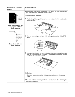 Page 1186 - 13   TROUBLESHOOTING
White Spots on black text 
and graphics at 94 mm 
(3.7 in.) intervals
Black Spots at 94 mm 
(3.7 in.) intervals■If the problem is not solved after printing a few pages, the drum unit may have 
glue from label stock on the OPC drum surface.
Clean the drum unit as follows:
1Position the print sample in front of the drum unit, and find the exact position 
of the poor print.
2Turn the drum unit gear by hand while looking at the surface of the OPC 
drum.
3When you have located the...