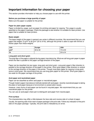 Page 128A - 6   APPENDIX
Important information for choosing your paper
This section provides information to help you choose paper to use with this printer.
Before you purchase a large quantity of paper
Make sure the paper is suitable for the printer.
Paper for plain paper copies
Paper is divided by usage, such as paper for printing and paper for copying. The usage is usually 
specified on the paper’s package. Check the package to see whether it is suitable for laser printers. Use 
paper that is suitable for...