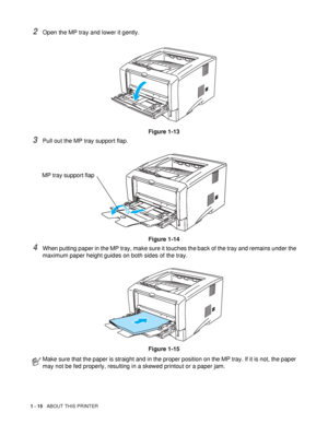 Page 221 - 15   ABOUT THIS PRINTER
2Open the MP tray and lower it gently.
Figure 1-13
3Pull out the MP tray support flap.
Figure 1-14
4When putting paper in the MP tray, make sure it touches the back of the tray and remains under the 
maximum paper height guides on both sides of the tray.
Figure 1-15
Make sure that the paper is straight and in the proper position on the MP tray. If it is not, the paper 
may not be fed properly, resulting in a skewed printout or a paper jam.
MP tray support flap
 