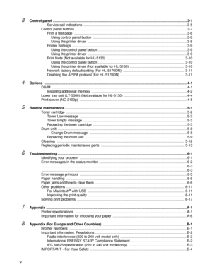 Page 6V
3Control panel ........................................................................................................................................... 3-1
Service call indications  ........................................................................................................... 3-5
Control panel buttons  ................................................................................................................... 3-7
Print a test page...