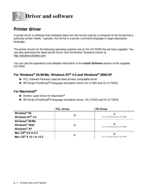 Page 562 - 1   DRIVER AND SOFTWARE
2
Printer driver 
A printer driver is software that translates data from the format used by a computer to the format that a 
particular printer needs. Typically, this format is a printer command language or page description 
language.
The printer drivers for the following operating systems are on the CD-ROM that we have supplied. You 
can also download the latest printer driver from the Brother Solutions Center at 
http://solutions.brother.com
You can see the operations and...