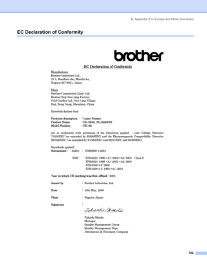 Page 130B. Appendix (For Europe and Other Countries)
122
EC Declaration of Conformity
 
 