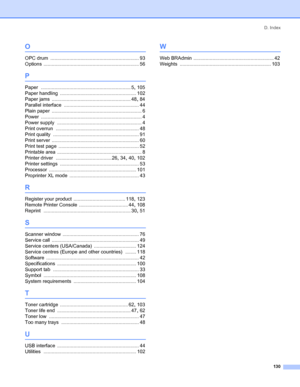 Page 138D. Index
130
O
OPC drum ................................................................. 93
Options
 ...................................................................... 56
P
Paper .................................................................. 5, 105
Paper handling
 ........................................................ 102
Paper jams
 .......................................................... 48, 84
Parallel interface
 ....................................................... 44
Plain paper...