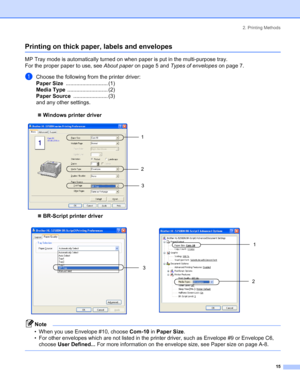 Page 232. Printing Methods
15
Printing on thick paper, labels and envelopes
MP Tray mode is automatically turned on when paper is put in the multi-purpose tray. 
For the proper paper to use, see About paper on page 5 and Types of envelopes on page 7.
aChoose the following from the printer driver:
Paper Size............................ (1)
Media Type........................... (2)
Paper Source....................... (3)
and any other settings.
„Windows printer driver
 
„BR-Script printer driver
Note
• When you...