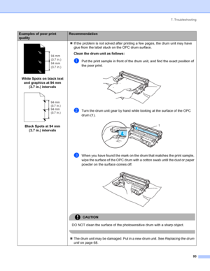 Page 1017. Troubleshooting
93
 
White Spots on black text 
and graphics at 94 mm 
(3.7 in.) intervals
 
Black Spots at 94 mm 
(3.7 in.) intervals„If the problem is not solved after printing a few pages, the drum unit may have 
glue from the label stuck on the OPC drum surface.
Clean the drum unit as follows:
aPut the print sample in front of the drum unit, and find the exact position of 
the poor print.
 
bTurn the drum unit gear by hand while looking at the surface of the OPC 
drum (1).
 
cWhen you have found...