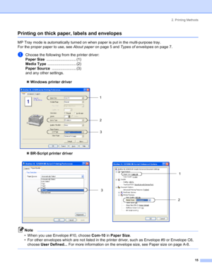 Page 232. Printing Methods
15
Printing on thick paper, labels and envelopes
MP Tray mode is automatically turned on when paper is put in the multi-purpose tray. 
For the proper paper to use, see About paper on page 5 and Types of envelopes on page 7.
aChoose the following from the printer driver:
Paper Size............................ (1)
Media Type........................... (2)
Paper Source....................... (3)
and any other settings.
„Windows printer driver
 
„BR-Script printer driver
Note
• When you...