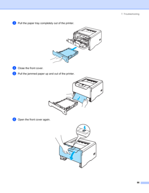 Page 947. Troubleshooting
86
cPull the paper tray completely out of the printer. 
dClose the front cover.
ePull the jammed paper up and out of the printer. 
fOpen the front cover again. 
 