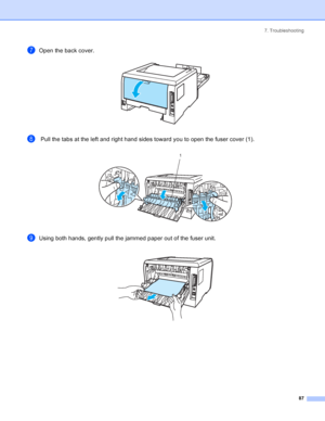 Page 957. Troubleshooting
87
gOpen the back cover. 
h Pull the tabs at the left and right hand sides toward you to open the fuser cover (1). 
iUsing both hands, gently pull the jammed paper out of the fuser unit. 
1
 