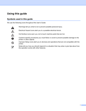 Page 2i
Using this guide
Symbols used in this guide
We use the following icons throughout this User’s Guide:
 Warnings tell you what to do to prevent possible personal injury.
 Electrical Hazard icons alert you to a possible electrical shock.
 Hot Surface icons warn you not to touch machine parts that are hot.
 Cautions specify procedures you must follow or avoid to prevent possible damage to the 
printer or other objects.
 Improper Setup icons alert you to devices and operations that are not compatible with...