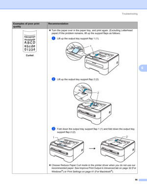 Page 104Troubleshooting
96
6
 
Curled„Turn the paper over in the paper tray, and print again. (Excluding Letterhead 
paper) If the problem remains, lift up the support flaps as follows: 
aLift up the output tray support flap 1 (1). 
bLift up the output tray support flap 2 (2). 
cFold down the output tray support flap 1 (1) and fold down the output tray 
support flap 2 (2).
 
„Choose Reduce Paper Curl mode in the printer driver when you do not use our 
recommended paper. See Improve Print Output in Advanced tabon...