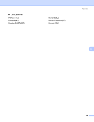 Page 117Appendix
109
A
PS Text (10J) Roman8 (8U)
Roman9 (4U) Roman Extension (0E)
Russian-GOST (12R) Symbol (19M) HP LaserJet mode
 