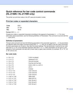 Page 118Appendix
110
A
Quick reference for bar code control commands
(HL-2150N / HL-2170W only)
A
The printer can print bar codes in the HP LaserJet emulation modes.
Print bar codes or expanded charactersA
Format: ESC i n ... n \
Creates bar codes or expanded characters according to the segment of parameters ‘n ... n’. For more 
information about parameters, see the following Definition of Parameters. This command must end with the 
‘  ’ code (5CH).
Definition of parametersA
This bar code command can have the...