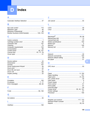 Page 137Index
129
D
D
A
Automatic Interface Selection ................................... 47
B
Bar code control ...................................................... 110
BRAdmin Light
 .......................................................... 46
BRAdmin Professional
 .............................................. 46
Brother Numbers (USA/Canada)
 ....................122, 123
C
Carton contents ........................................................... 1
Cartridge position error...