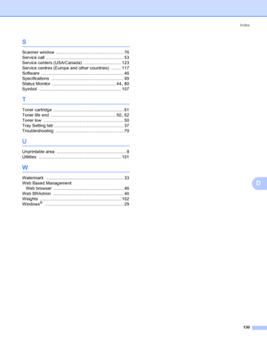 Page 138Index
130
D
S
Scanner window ........................................................ 76
Service call
 ................................................................ 53
Service centers (USA/Canada)
 ............................... 123
Service centres (Europe and other countries)
 ........ 117
Software
 .................................................................... 46
Specifications
 ............................................................ 99
Status Monitor...