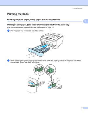 Page 17Printing Methods
9
2
Printing methods2
Printing on plain paper, bond paper and transparencies2
Printing on plain paper, bond paper and transparencies from the paper tray2
(For the recommended paper to use, see About paperon page 5.)
aPull the paper tray completely out of the printer. 
bWhile pressing the green paper-guide release lever, slide the paper guides to fit the paper size. Make 
sure that the guides are firmly in the slots.
 
 
