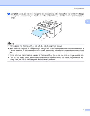 Page 22Printing Methods
14
2
dUsing both hands, put one piece of paper or one transparency in the manual feed slot until the front edge 
of the paper or transparency touches the paper feed roller. When you feel the machine pull in the paper, 
let go.
 
Note
• Put the paper into the manual feed slot with the side to be printed face up.
• Make sure that the paper or transparency is straight and in the correct position on the manual feed slot. If 
it is not, the paper or the transparency may not be fed properly,...