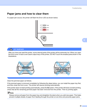 Page 93Troubleshooting
85
6
Paper jams and how to clear them6
If a paper jam occurs, the printer will flash the Error LED as shown below.
 
HOT SURFACE 
After you have just used the printer, some internal parts of the printer will be extremely hot. When you open 
the front cover or back cover (back output tray) of the printer, DO NOT touch the shaded parts shown in the 
illustrations.
 
Clear the jammed paper as follows.
If the jammed paper is removed completely by following the steps below, you can install the...