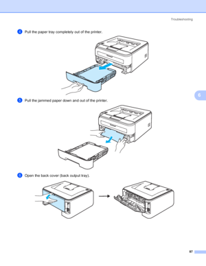 Page 95Troubleshooting
87
6
dPull the paper tray completely out of the printer. 
ePull the jammed paper down and out of the printer. 
fOpen the back cover (back output tray). 
 