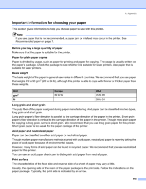 Page 127A. Appendix
 119
Important information for choosing your paper
This section gives information to help you choose paper to use with this printer.
Note
If you use paper that is not recommended, a paper jam or misfeed may occur in the printer. See 
Recommended paper on page 7.
 
Before you buy a large quantity of paper
Make sure that the paper is suitable for the printer.
Paper for plain paper copies
Paper is divided by usage, such as paper for printing and paper for copying. The usage is usually written on...