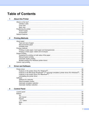 Page 6v
Table of Contents
1 About this Printer
What is in the box? ....................................................................................................................................1
Interface cable .....................................................................................................................................1
Front view ............................................................................................................................................2
Back view...