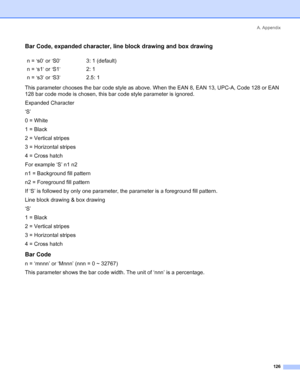 Page 134A. Appendix
 126
Bar Code, expanded character, line block drawing and box drawing
This parameter chooses the bar code style as above. When the EAN 8, EAN 13, UPC-A, Code 128 or EAN 
128 bar code mode is chosen, this bar code style parameter is ignored.
Expanded Character
‘S’
0 = White
1 = Black
2 = Vertical stripes
3 = Horizontal stripes
4 = Cross hatch
For example ‘S’ n1 n2
n1 = Background fill pattern
n2 = Foreground fill pattern
If ‘S’ is followed by only one parameter, the parameter is a foreground...