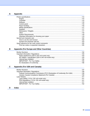 Page 8vii
A Appendix
Printer specifications..............................................................................................................................114
Engine .............................................................................................................................................114
Controller .........................................................................................................................................115
Software...