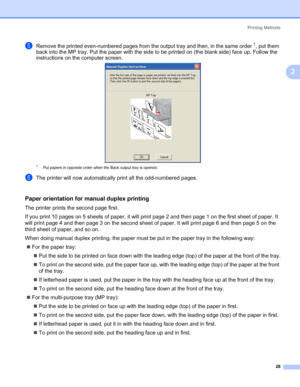 Page 38Printing Methods
28
2
eRemove the printed even-numbered pages from the output tray and then, in the same order1, put them 
back into the MP tray. Put the paper with the side to be printed on (the blank side) face up. Follow the 
instructions on the computer screen.
1Put papers in opposite order when the Back output tray is opened. 
fThe printer will now automatically print all the odd-numbered pages.
Paper orientation for manual duplex printing2
The printer prints the second page first.
If you print 10...