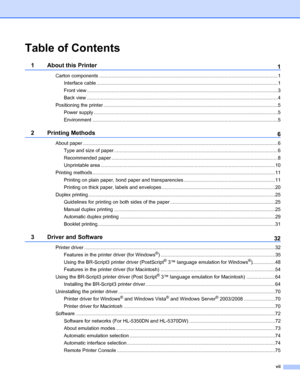 Page 8vii
Table of Contents
1 About this Printer
1
Carton components ...................................................................................................................................1
Interface cable .....................................................................................................................................1
Front view ............................................................................................................................................3
Back view...