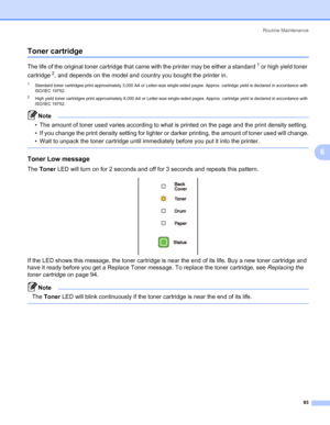 Page 103Routine Maintenance
93
6
Toner cartridge6
The life of the original toner cartridge that came with the printer may be either a standard1 or high yield toner 
cartridge
2, and depends on the model and country you bought the printer in.
1Standard toner cartridges print approximately 3,000 A4 or Letter-size single-sided pages. Approx. cartridge yield is declared in accordance with 
ISO/IEC 19752.
2High yield toner cartridges print approximately 8,000 A4 or Letter-size single-sided pages. Approx. cartridge...