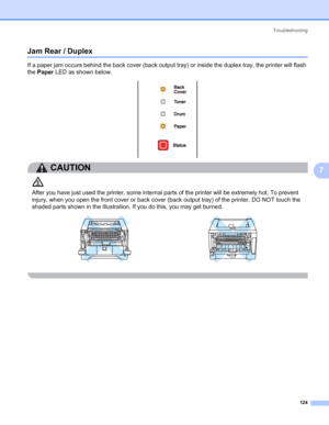 Page 134Troubleshooting
124
7
Jam Rear / Duplex 7
If a paper jam occurs behind the back cover (back output tray) or inside the duplex tray, the printer will flash 
the Paper LED as shown below.
CAUTION 
After you have just used the printer, some internal parts of the printer will be extremely hot. To prevent 
injury, when you open the front cover or back cover (back output tray) of the printer, DO NOT touch the 
shaded parts shown in the illustration. If you do this, you may get burned.
 
 