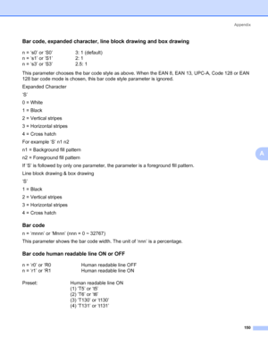 Page 160Appendix
150
A
Bar code, expanded character, line block drawing and box drawing0
This parameter chooses the bar code style as above. When the EAN 8, EAN 13, UPC-A, Code 128 or EAN 
128 bar code mode is chosen, this bar code style parameter is ignored.
Expanded Character
‘S’
0 = White
1 = Black
2 = Vertical stripes
3 = Horizontal stripes
4 = Cross hatch
For example ‘S’ n1 n2
n1 = Background fill pattern
n2 = Foreground fill pattern
If ‘S’ is followed by only one parameter, the parameter is a foreground...