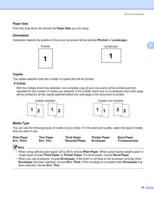 Page 46Driver and Software
36
3
Paper Size3
From the drop-down list choose the Paper Size you are using.
Orientation3
Orientation selects the position of how your document will be printed (Portrait or Landscape).
Copies3
The copies selection sets the number of copies that will be printed.
„Collate
With the Collate check box selected, one complete copy of your document will be printed and then 
repeated for the number of copies you selected. If the Collate check box is not selected, then each page 
will be...