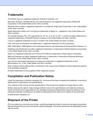 Page 7vi
Trademarks
The Brother logo is a registered trademark of Brother Industries, Ltd. 
Microsoft, Windows, Windows Server and Internet Explorer are registered trademarks of Microsoft 
Corporation in the United States and/or other countries.
Windows Vista is either a registered trademark or a trademark of Microsoft Corporation in the United States 
and/or other countries.
Apple, Macintosh, Safari and TrueType are trademarks of Apple Inc., registered in the United States and 
other countries.
HP, Hewlett...