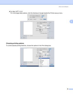 Page 65Driver and Software
55
3
„For Mac OS® X 10.5
For more page setup options, click the disclosure triangle beside the Printer pop-up menu.
Choosing printing options 3
To control special printing features, choose the options in the Print dialog box.
 