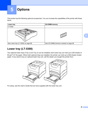 Page 9888
5
5
Options5
This printer has the following optional accessories. You can increase the capabilities of the printer with these 
items.
Lower tray (LT-5300)5
Two optional lower trays (Tray 2 and Tray 3) can be installed; each lower tray can hold up to 250 sheets of 
80 g/m
2 (21 lb) paper. When both optional trays are installed, the printer can hold up to 800 sheets of plain 
paper. If you want to buy an optional lower tray unit, call the dealer you bought the printer from.
For setup, see the Users...