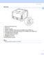 Page 14About this Printer
4
1
Back view1
1  Back Cover (Back Output Tray)
2  Duplex Tray
3  AC Power Connector
4  10BASE-T / 100BASE-TX (Ethernet) Port (HL-5350DN and HL-5370DW only)
5  Network Activity LEDs (Light Emitting Diodes) (For HL-5350DN and HL-5370DW only)
6  HL-5370DW: Wireless Activity LED
7  HL-5370DW: Wireless Setup Button
8  USB Interface Connector
9  SO-DIMM (memory) Cover
10  Parallel Interface Connector
Note  The printer illustration is based on HL-5370DW.
 
5
1
2
39
8
4
7
6 10
 