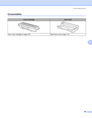 Page 116Routine Maintenance
106
6
Consumables6
Toner CartridgeDrum Unit
See Toner cartridge on page 107. See Drum unit on page 113.
 