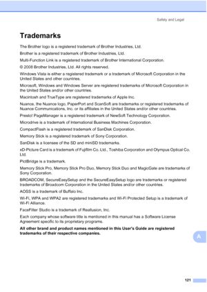 Page 133
Safety and Legal121
A
TrademarksA
The Brother logo is a registered trademark of Brother Industries, Ltd.
Brother is a registered trademark of Brother Industries, Ltd.
Multi-Function Link is a registered trademark of Brother International Corporation.
© 2008 Brother Industries, Ltd. All rights reserved.
Windows Vista is either a registered trademark or a trademark of Microsoft Corporation in the 
United States and other countries.
Microsoft, Windows and Windows Server are registered trademarks of...
