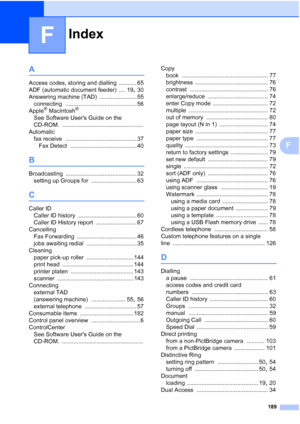 Page 201
Index
189
F
F
A
Access codes, storing and dialling ........... 65
ADF (automatic document feeder)
 .... 19, 30
Answering machine (TAD)
 ....................... 55
connecting
 ............................................ 56
Apple® Macintosh®
See Software Users Guide on the 
CD-ROM.
 ..................................................
Automatic fax receive
 ............................................ 37
Fax Detect
 ......................................... 40
B
Broadcasting...