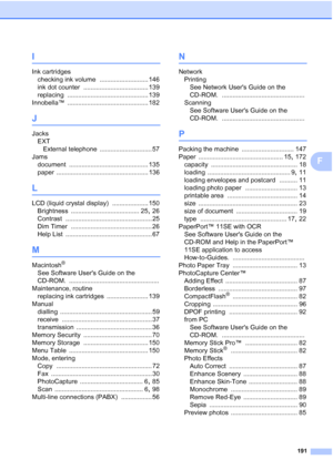 Page 203
191
F
I
Ink cartridgeschecking ink volume
 ........................... 146
ink dot counter
 .................................... 139
replacing
 ............................................. 139
Innobella™
 ............................................. 182
J
Jacks EXT External telephone
 ............................. 57
Jams document
 ............................................ 135
paper
 ................................................... 136
L
LCD (liquid crystal display) .................... 150...