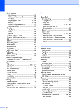 Page 204
192
Print settingsBrightness
 .......................................... 95
Colour enhancement
 .......................... 95
Contrast
 ............................................. 95
Paper type & size
 ........................ 94, 95
Quality
 ......................................... 93, 94
Return to factory setting
 ..................... 97
Set new default
 .................................. 97
Printing all photos
 ............................................ 91
index...