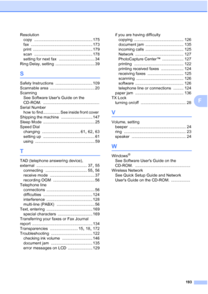 Page 205
193
F
Resolutioncopy
 .................................................... 175
fax
 ....................................................... 173
print
 ..................................................... 179
scan
 .................................................... 178
setting for next fax
 ................................ 34
Ring Delay, setting
 ................................... 39
S
Safety Instructions ................................. 109
Scannable area
 ...........................................