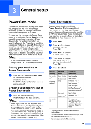 Page 33
21
3
3
Power Save mode3
To maintain print quality, prolong print head 
life, and provide the best ink cartridge 
economy, you should keep your machine 
connected to the power at all times.
You can put the machine into Power Save 
mode by pressing the Power Save key. You 
can still receive telephone calls in Power 
Save mode. For further information on 
receiving faxes in the Power Save condition, 
please see the table on page 21. The delayed 
faxes that have been set up will be sent. You 
can even...