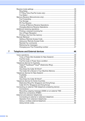 Page 6
iv
Receive mode settings ........................................................................................ 39Ring Delay ..................................................................................................... 39
F/T Ring Time (Fax/Tel mode only) ............................................................... 39
Fax Detect ..................................................................................................... 40
Memory Receive (Monochrome only)...