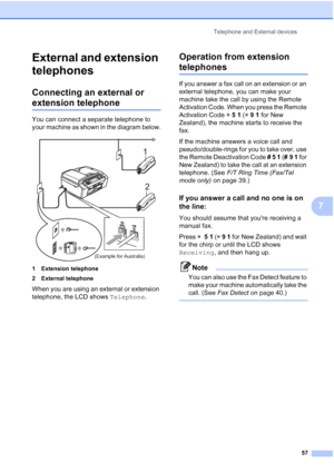 Page 69
Telephone and External devices57
7
External and extension 
telephones
7
Connecting an external or 
extension telephone7
You can connect a separate telephone to 
your machine as shown in the diagram below.
 
1 Extension telephone
2 External telephone
When you are using an external or extension 
telephone, the LCD shows Telephone.
Operation from extension 
telephones7
If you answer a fax call on an extension or an 
external telephone, you can make your 
machine take the call by using the Remote...