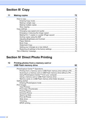 Page 8
vi
Section III Copy
11 Making copies 72
How to copy ......................................................................................................... 72Entering Copy mode ...................................................................................... 72
Making a single copy ..................................................................................... 72
Making multiple copies .................................................................................. 72
Stop copying...