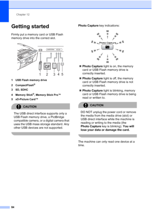 Page 96
Chapter 12
84
Getting started12
Firmly put a memory card or USB Flash 
memory drive into the correct slot.
 
1 USB Flash memory drive
2 CompactFlash
®
3 SD, SDHC
4Memory Stick
®, Memory Stick Pro™
5 xD-Picture Card™
CAUTION 
The USB direct interface supports only a 
USB Flash memory drive, a PictBridge 
compatible camera, or a digital camera that 
uses the USB mass storage standard. Any 
other USB devices are not supported.
 
Photo Capture  key indications:
 
„Photo Capture  light is on, the memory...