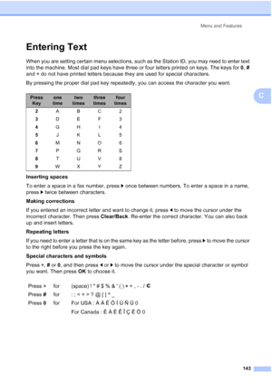 Page 157
Menu and Features143
C
Entering TextC
When you are setting certain menu selections, such as the Station ID, you may need to enter text 
into the machine. Most dial pad keys have three or four letters printed on keys. The keys for  0, # 
and  l do not have printed letters because they are used for special characters.
By pressing the proper dial pad key repeatedly, you can access the character you want.
Inserting spaces
To enter a space in a fax number, press  c once between numbers. To enter a space in a...